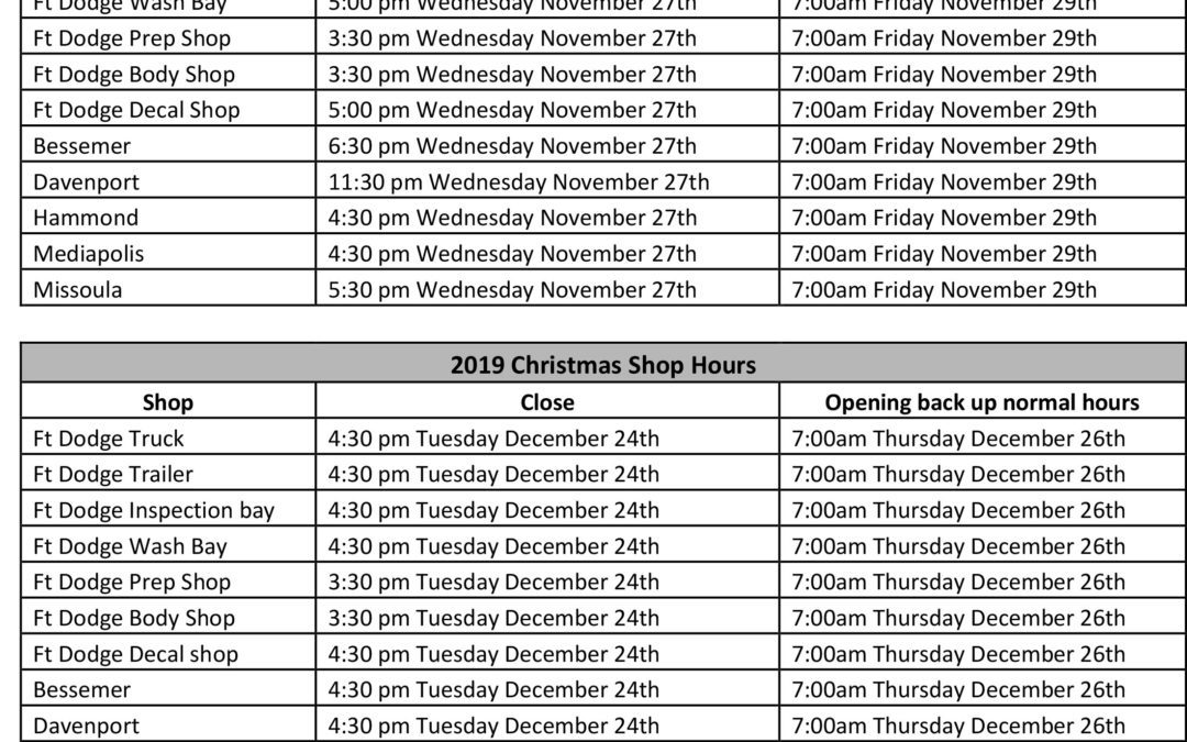 2019 Holiday Shop Hours (11/27/2019)