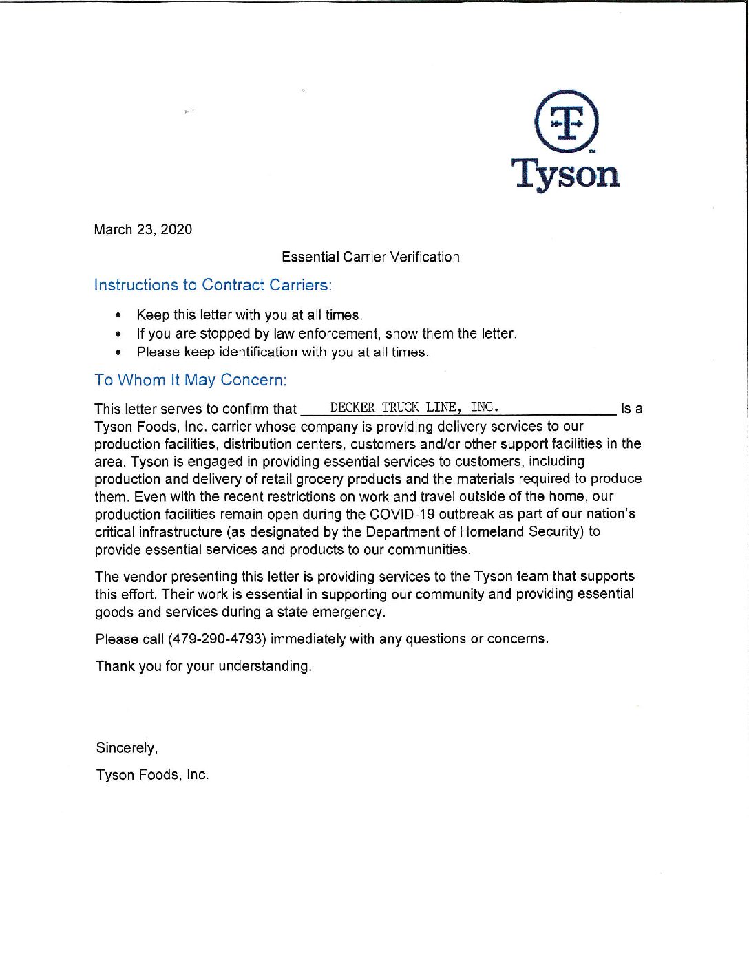 COVID19 Tyson Letter of Exemption for Decker 32320 Decker Truck