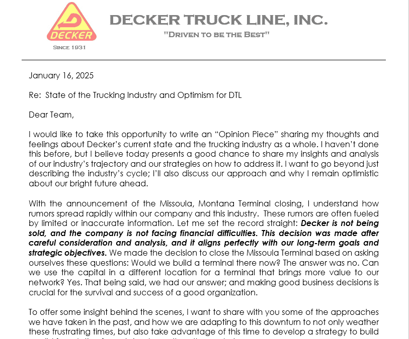 State of the Trucking Industry and Optimism for DTL from Dale Decker, CEO